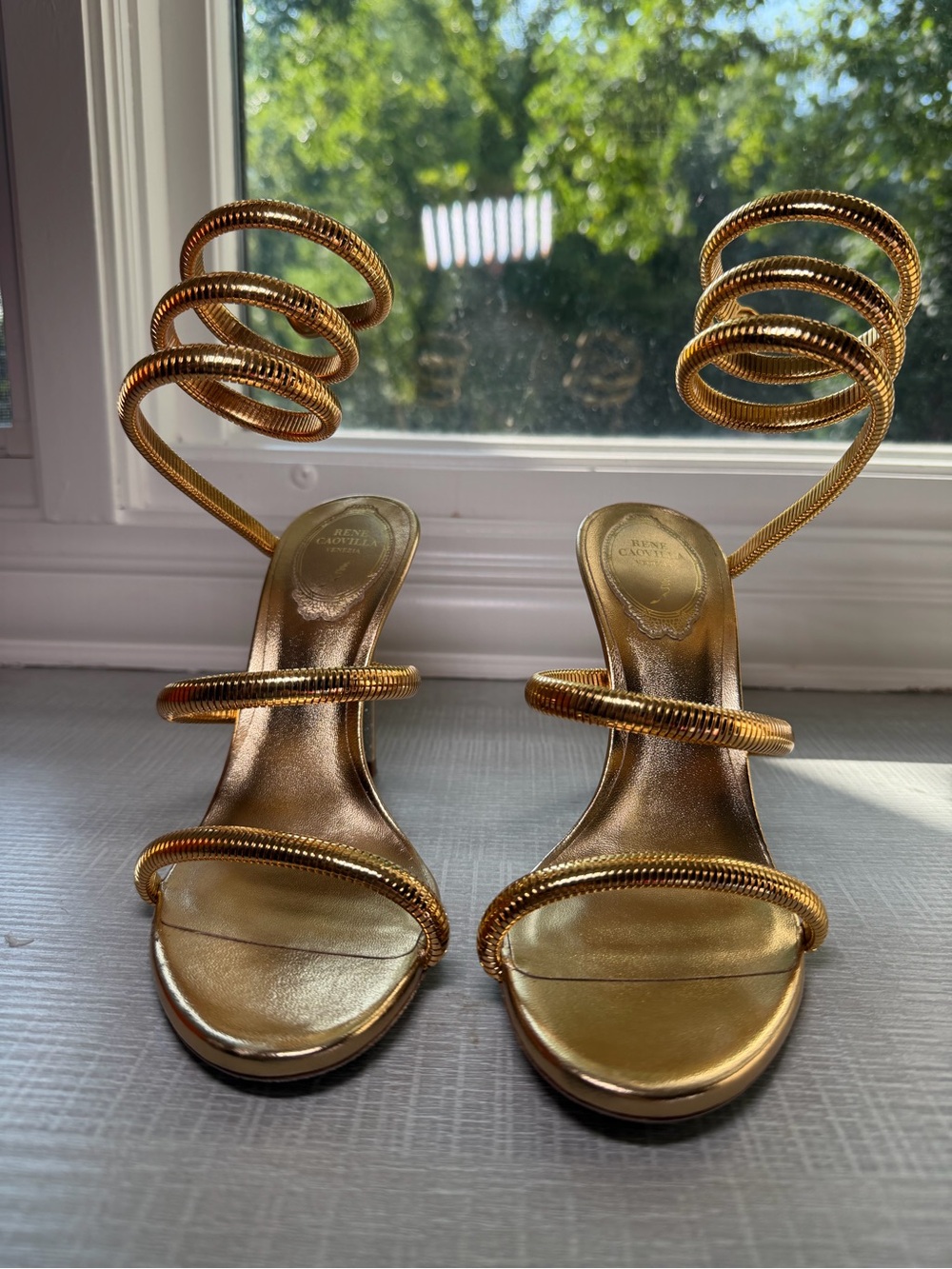 Rene Caovilla Metallic Gold Spiral Ankle-Strap Sandals